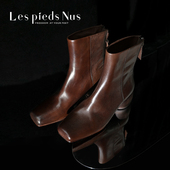 Les 靴 猪鼻头粗跟切尔西短靴复古方头时装 Pieds Nus重工水洗马皮