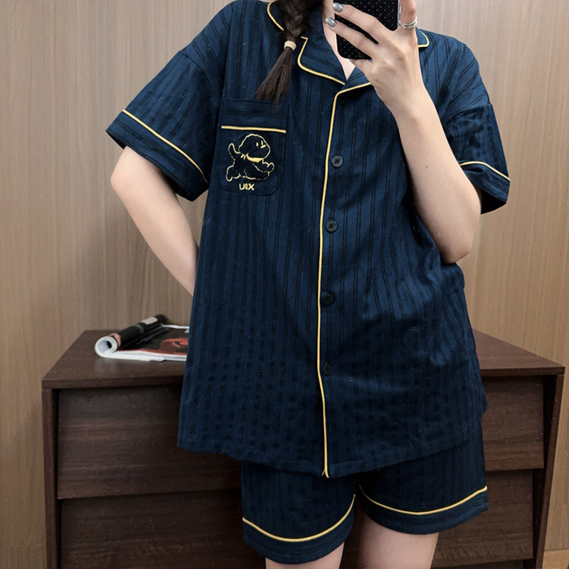 韩系卡通小狗纯棉睡衣男女慵懒短袖短裤夏季条纹家居服情侣套装