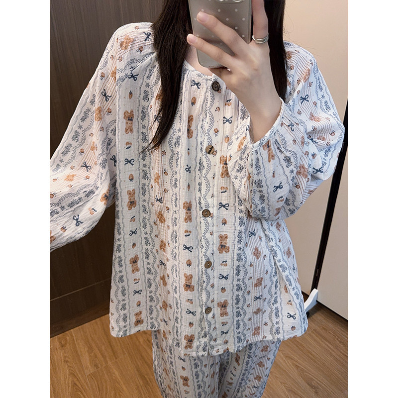日系可爱小熊睡衣女婴儿棉纱