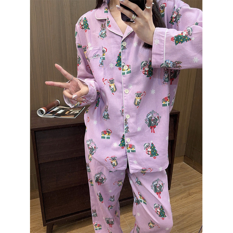 日系卡通考拉磨毛纯棉睡衣女春秋可爱长袖长裤ins开衫家居服套装
