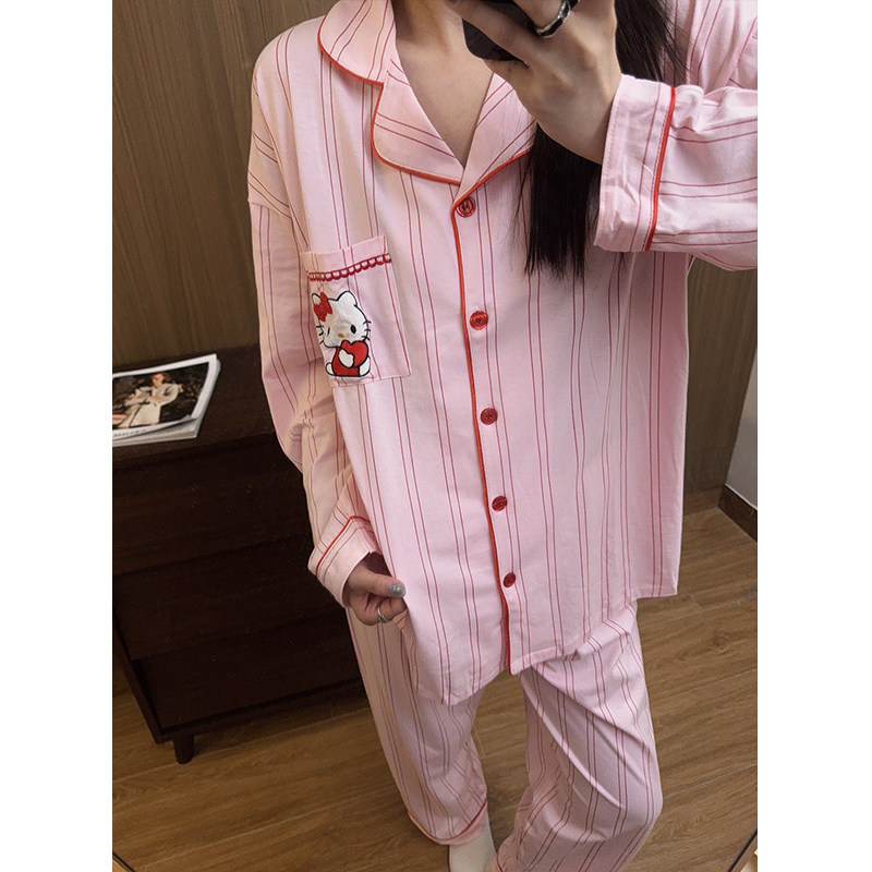 韩系条纹kitty猫纯棉睡衣女春秋