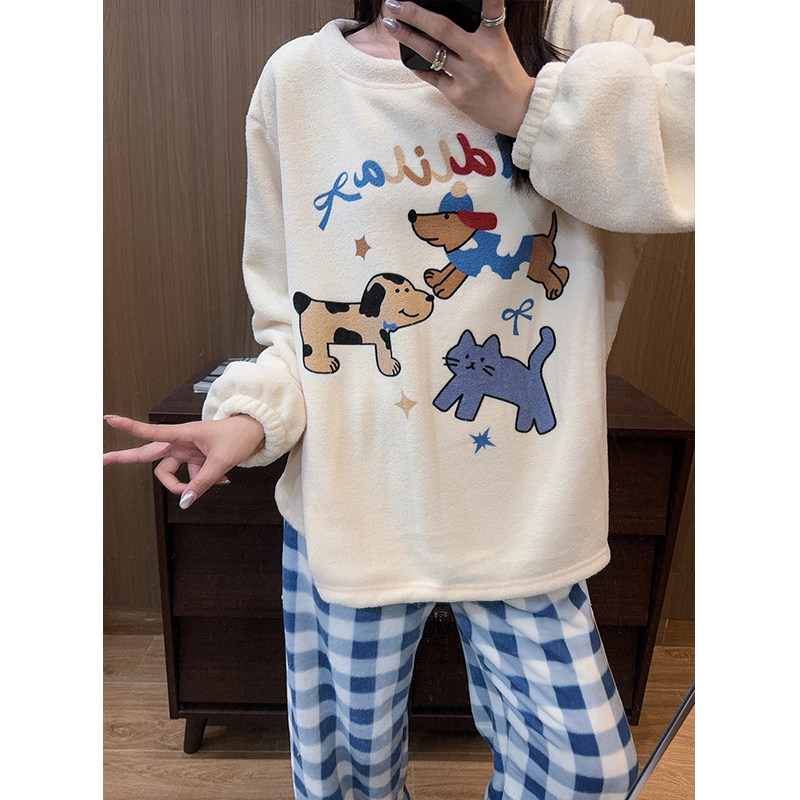 日系卡通腊肠狗圆领加厚睡衣女秋冬季保暖毛绒情侣长袖长裤套装