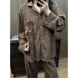 韩国卡通猫咪睡衣女德绒保暖秋冬长袖长裤ins风豹纹家居服套装