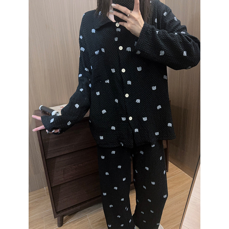 韩系波点凯蒂猫睡衣女婴儿棉纱开衫长袖长裤春秋慵懒感家居服套装