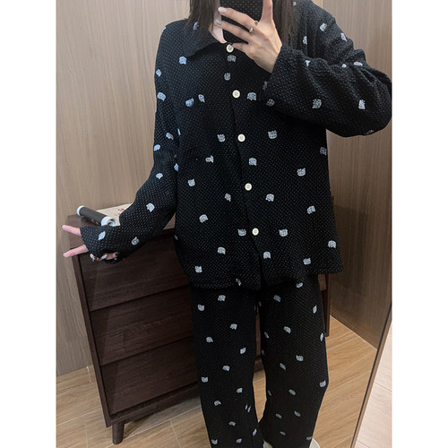 韩系波点凯蒂猫睡衣女婴儿棉纱开衫长袖长裤春秋慵懒感家居服套装 - 封面
