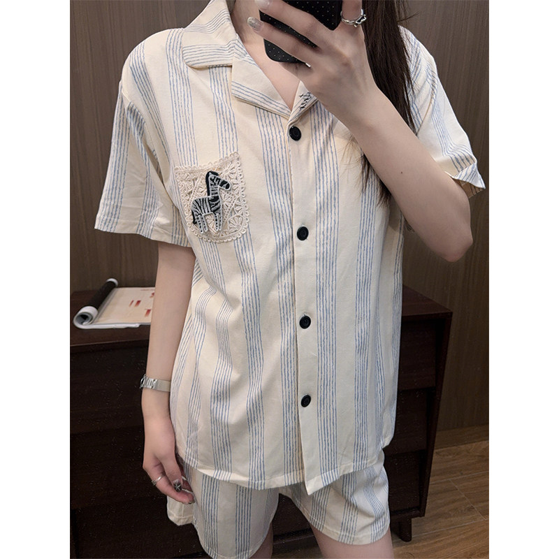 日系卡通小马纯棉睡衣女胸垫款条纹夏季短袖短裤可外穿家居服套装
