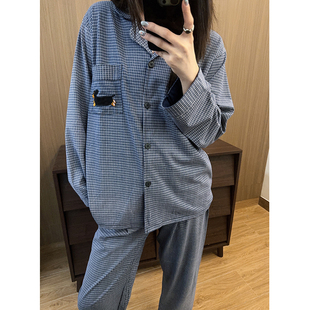 情侶家居服套裝 長褲 日系卡通臘腸狗純棉睡衣女士慵懶格紋秋冬長袖