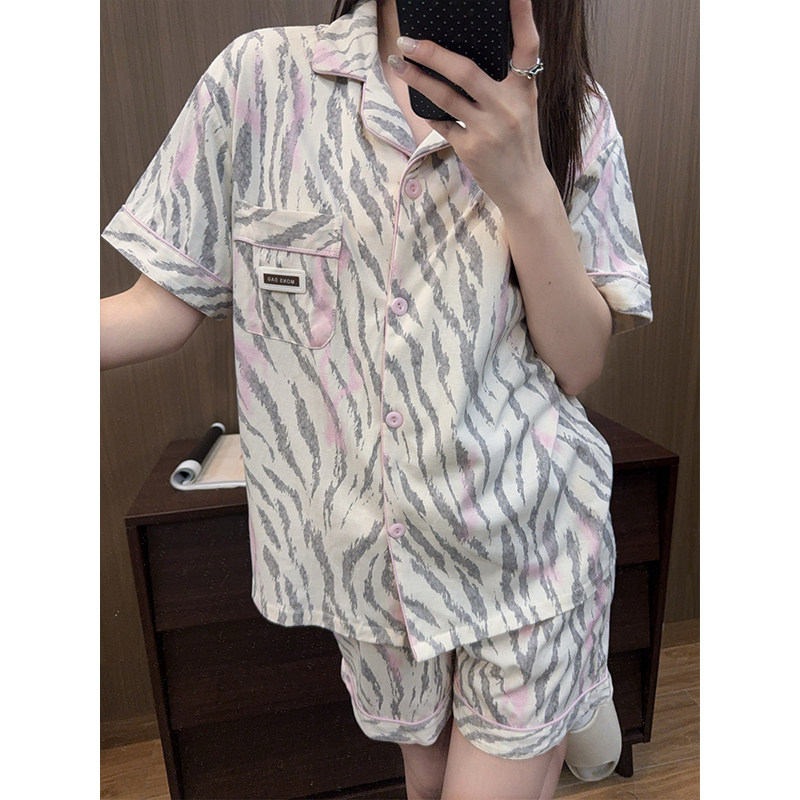 日系卡通斑马纹纯棉睡衣女带胸垫
