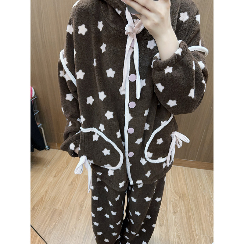 韩国卡通星星连帽加厚毛绒睡衣女