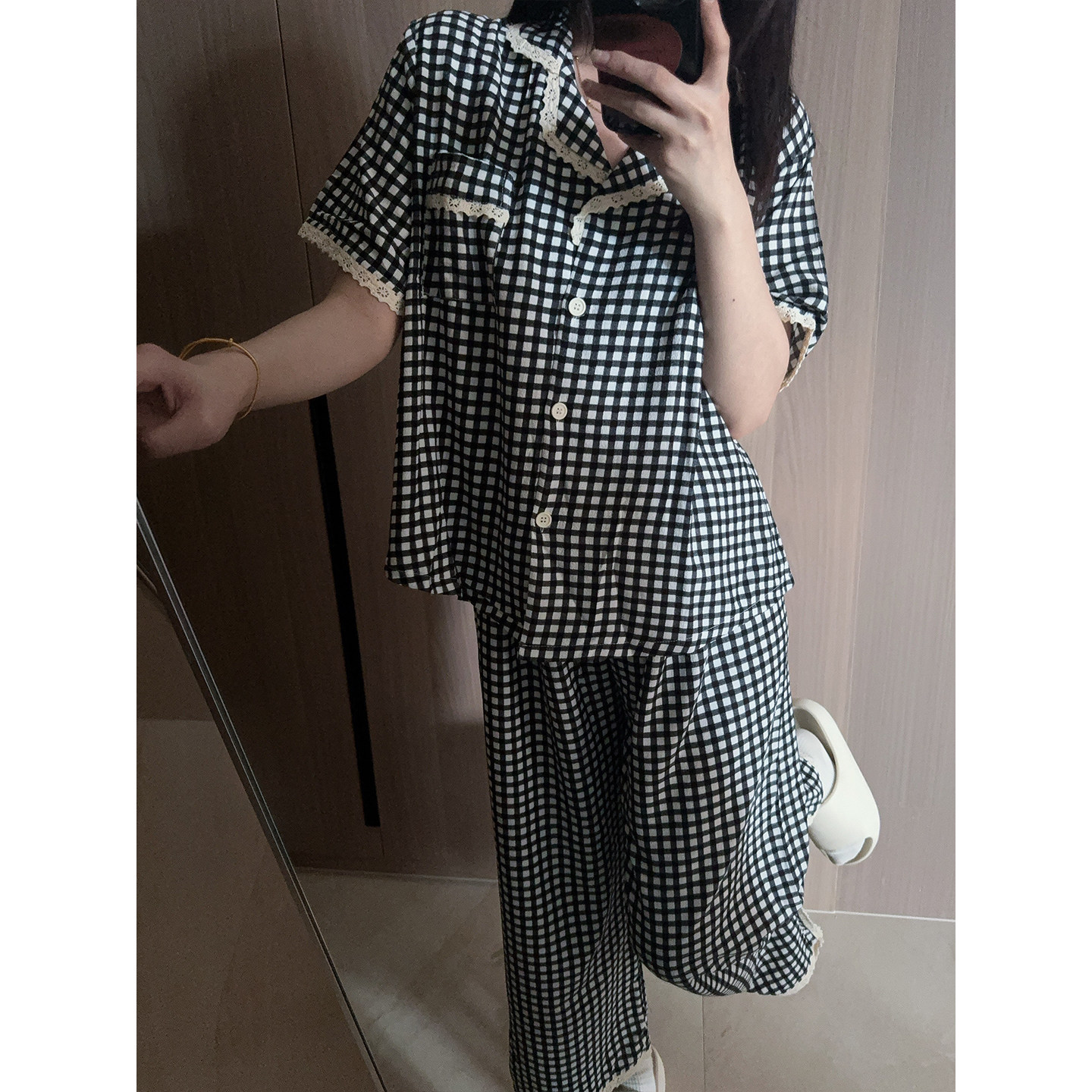 日系花边格纹夏季睡衣女可外穿慵懒ins短袖长裤宽松家居服套装