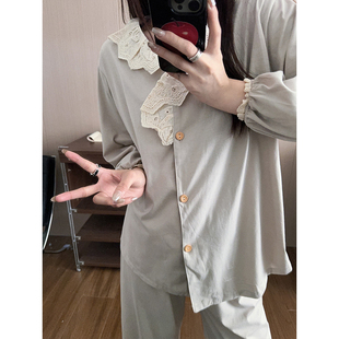 日系花边睡衣女春秋季公主风纯棉长袖长裤纯色ins家居服薄款套装