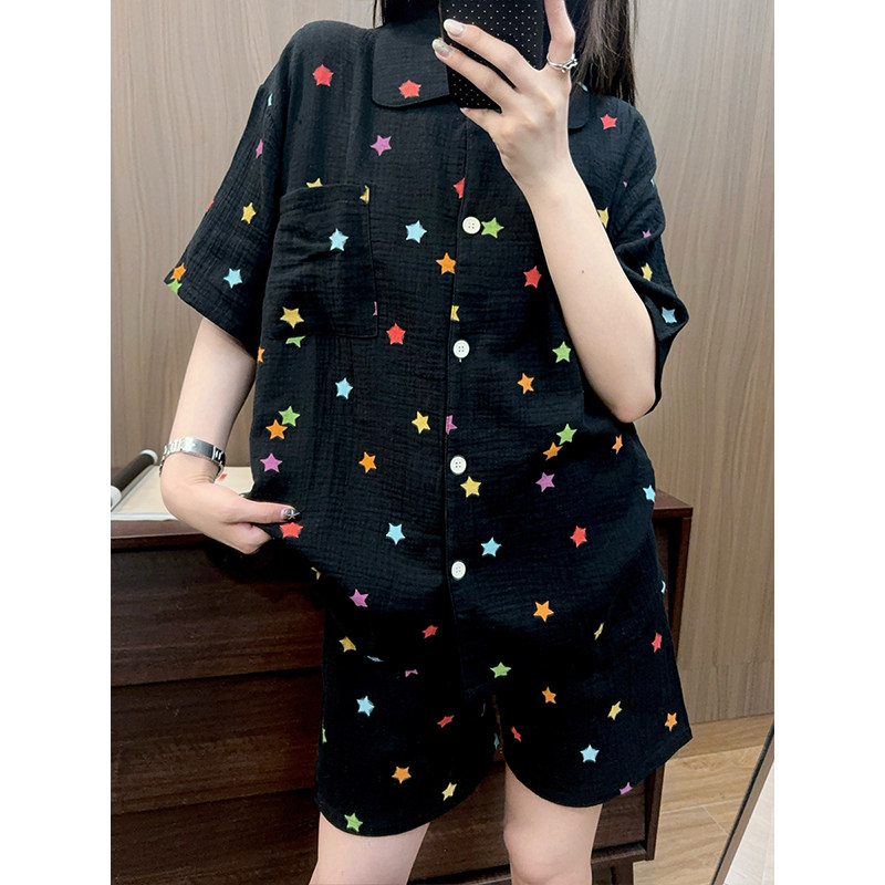 韩系星星睡衣女婴儿棉纱开衫短袖短裤夏季高级慵懒感家居服套装