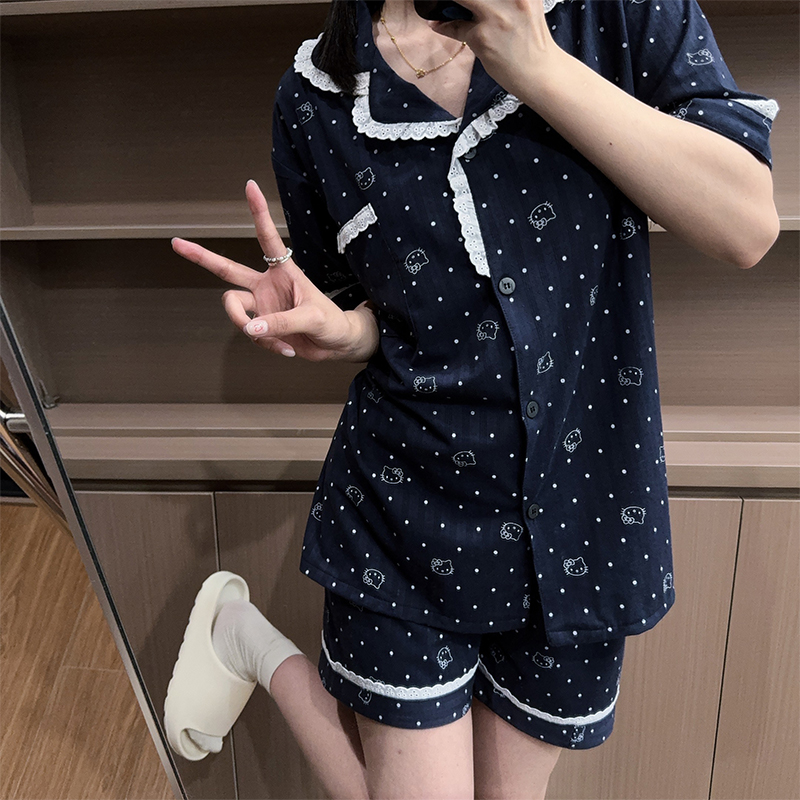 韩国卡通凯蒂猫网眼提花棉睡衣女花边ins夏季短袖短裤薄款套装