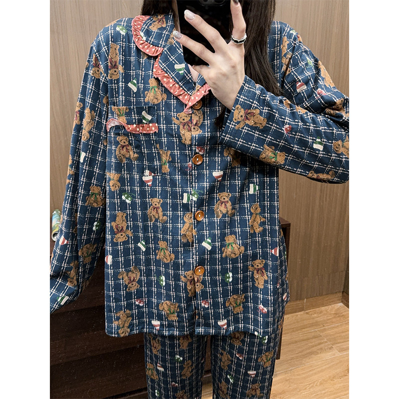 韩国经典格纹纯棉睡衣女