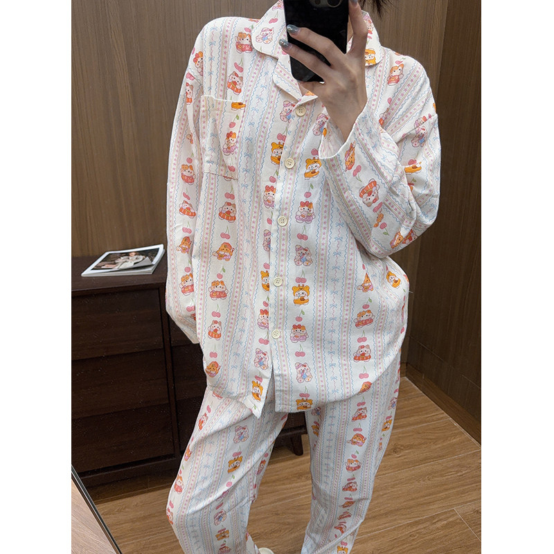 日系卡通猫咪纯棉睡衣女磨毛春秋可爱长袖长裤ins开衫家居服套装