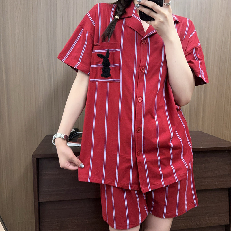 日系卡通兔子夏季纯棉睡衣男女喜庆短袖短裤结婚情侣家居服套装