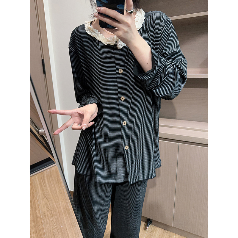 日系花边条纹睡衣女莫代尔