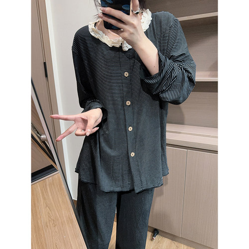 日系花边条纹睡衣女莫代尔