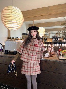 EAU DE MER 圣诞岛 复古俏皮减龄感格纹羊毛呢立领斗篷外套半裙