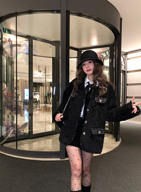 【现货】EAU DE MER 小香teddy V领粗花呢拼接厚实宽松羊羔毛外套