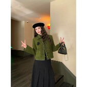 MER EAU 苔藓绿复古精致节日氛围翻领粗花呢羊毛加厚小香外套