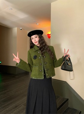 EAU DE MER 苔藓绿复古精致节日氛围翻领粗花呢羊毛加厚小香外套