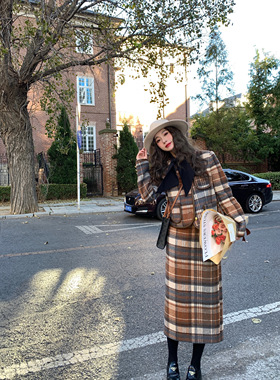 【现货】EAU DE MER 西雅图少女 复古皮包边格纹加厚毛呢外套长裙
