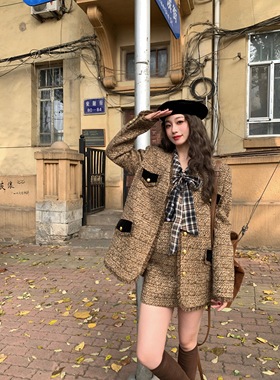 【现货】EAU DE MER 丝绒摩卡 撞色须边V领加厚小香风粗花呢外套