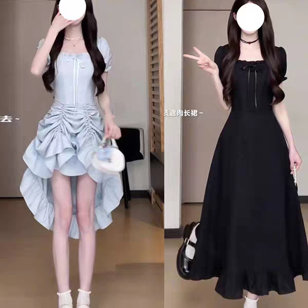 大码法式短袖连衣裙女夏季赫本风气质小黑裙胖MM遮肚显瘦裙子藏肉