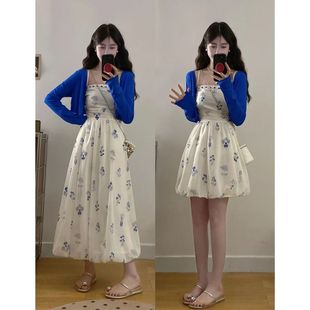 开衫 女夏季 法式 碎花吊带裙套装 温柔风气质显瘦两件套 大码 胖mm时尚