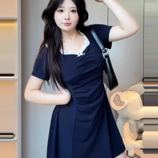 纯欲风蕾丝拼接捏褶连衣裙女夏季 大码 胖mm显瘦收腰小个子别致裙子