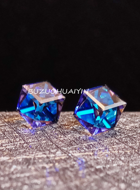 S家立方水晶通体925银耳钉百慕大蓝金幻彩方糖纯银耳环蚊香盘耳夹