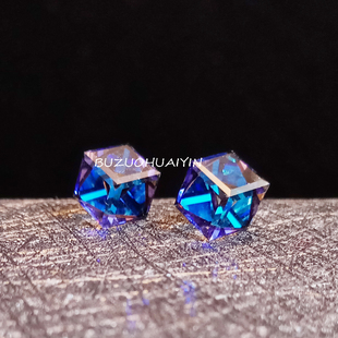 S家立方水晶通体925银耳钉百慕大蓝金幻彩方糖纯银耳环蚊香盘耳夹
