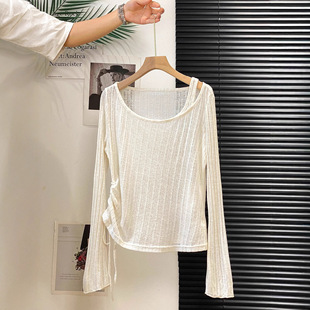 韩系漂亮别致抽绳收腰褶皱设计感透气防晒罩衫 女T恤气质上衣 长袖