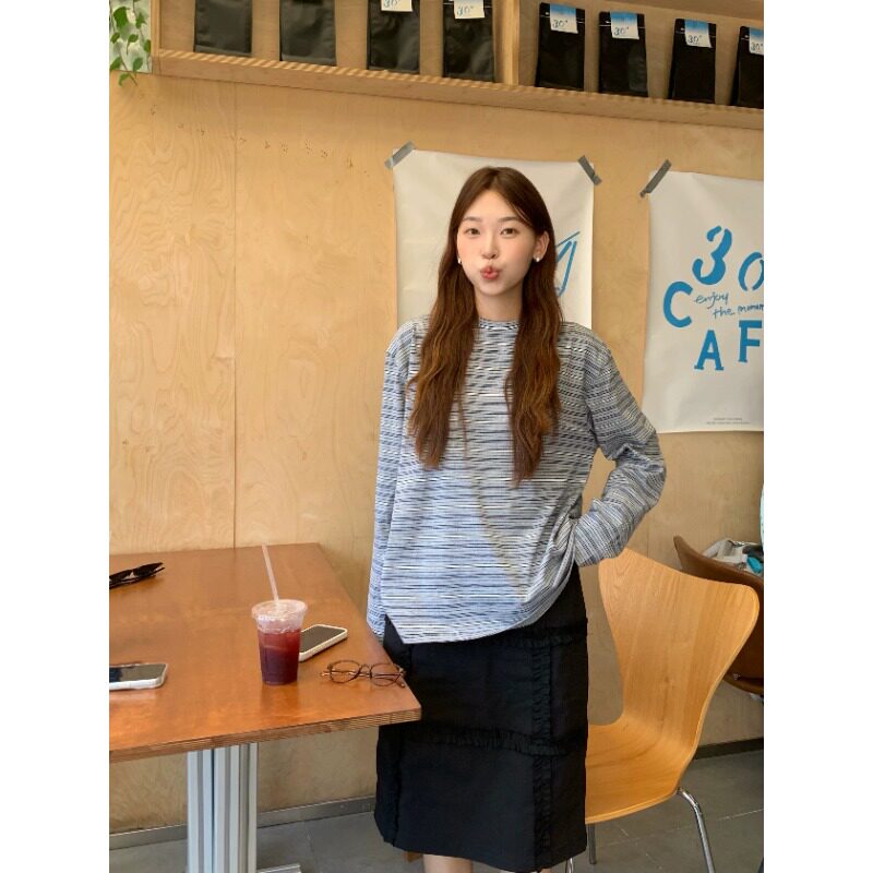 美式复古宽松百搭长袖T恤女春秋季新款休闲显瘦条纹宽松款上衣潮
