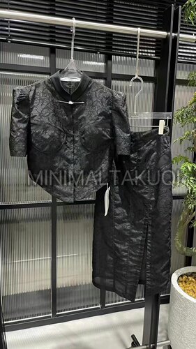 设计感25MINIMALTAKUQI夏款新中式立领提花短袖上衣+高腰开叉半裙