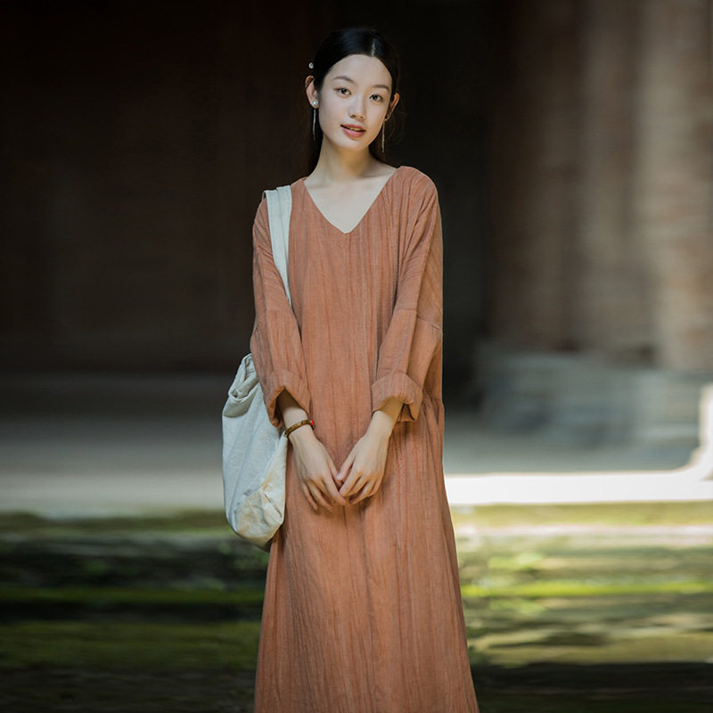 2026春季苎麻棉新款扎染原创新中式长裙居家旅游文艺范女式连衣裙