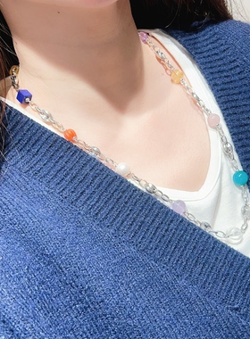 多宝925银镀白天然水晶毛衣链