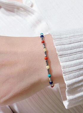 天然南红绿松石925银桶珠手串