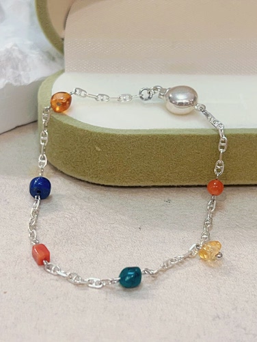 珍珠蜜蜡南红青金石925银手链