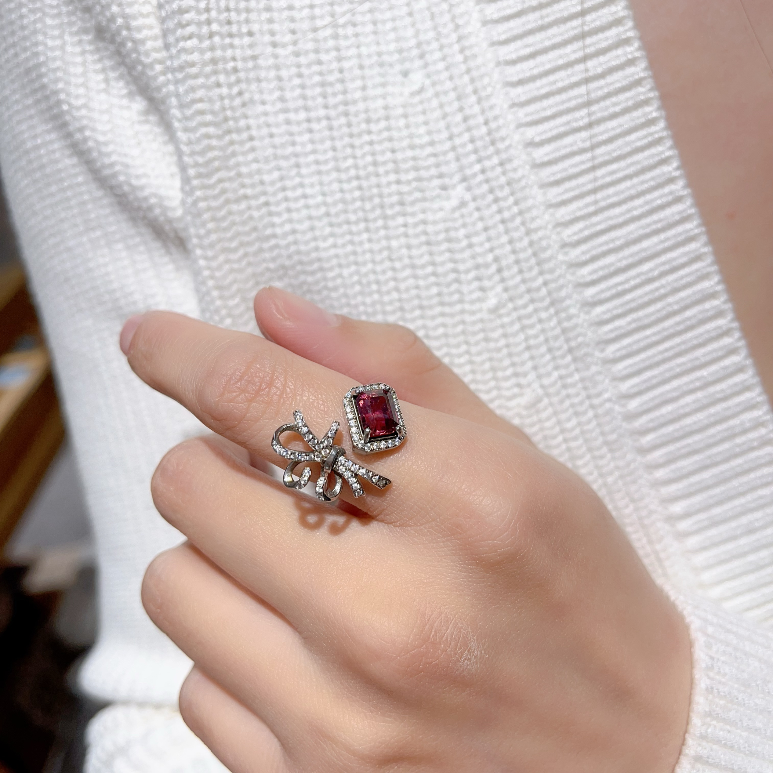 天然碧玺玫红色戒指蝴蝶结开口设计925银长方形阿斯切小众轻奢女