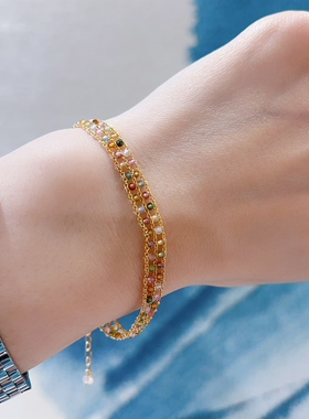 天然高透碧玺14k包金小米珠手链