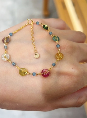 天然彩虹碧玺14k包金平安扣手链