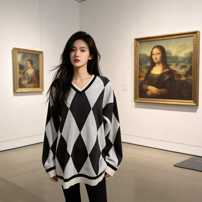 美式复古高级感菱格毛衣女2026年新款宽松慵懒风设计感针织衫上衣