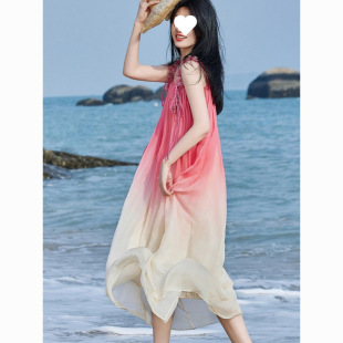 吊帶漸變連衣裙女海邊度假沙灘雪紡長裙超仙仙女裙子夏訂婚禮服