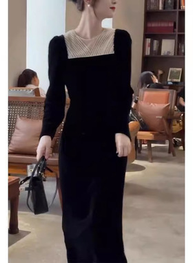 春秋新款法式复古气质女装高级感正式场合高端礼服黑色丝绒