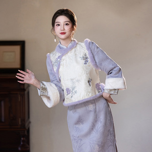 紫色旗袍冬季年轻款女马甲套装加绒加厚新中式国风连衣裙新年战袍