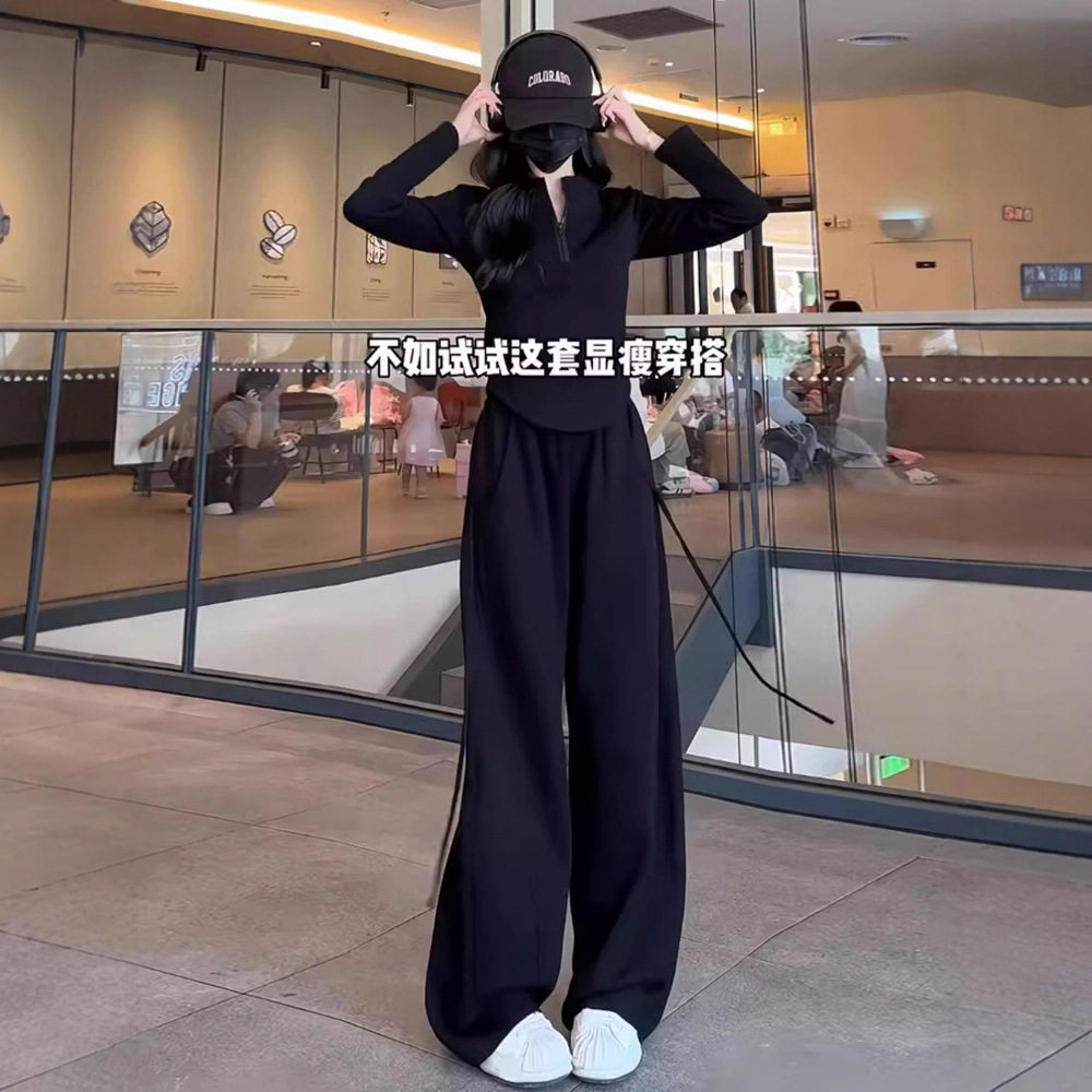 秋冬穿搭一整套时尚卫衣套装女修身显瘦黑色巨好看的阔腿裤