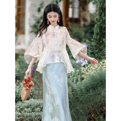 温柔仙气超显瘦禅意套装新中式国风宽松开衫上衣女蓝色半裙