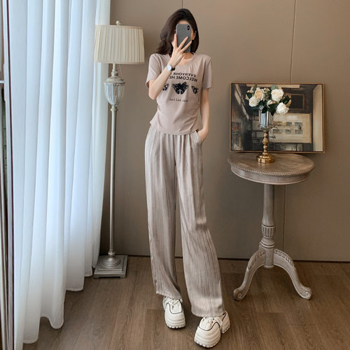 时尚休闲运动套装女2026新款夏季薄款灰色短袖长裤流行穿搭一整套